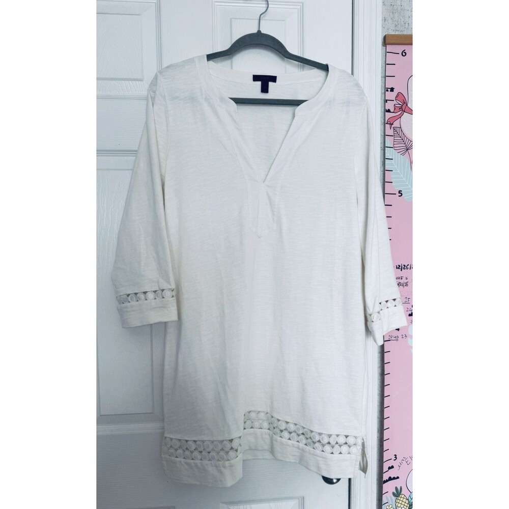 J.Crew Large White Cotton Tunic Dress Long Sleeve Boho Embroidered Woven